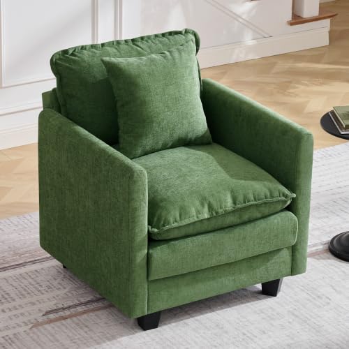 Image of 30'' Cloud Single Couch, Cloud Sofa with Throw Pillow, Modern 1 Seater Reading Chair with Deep Seat, Accent Chairs for Living Room, Bedroom, Small Apartment, Dark Green