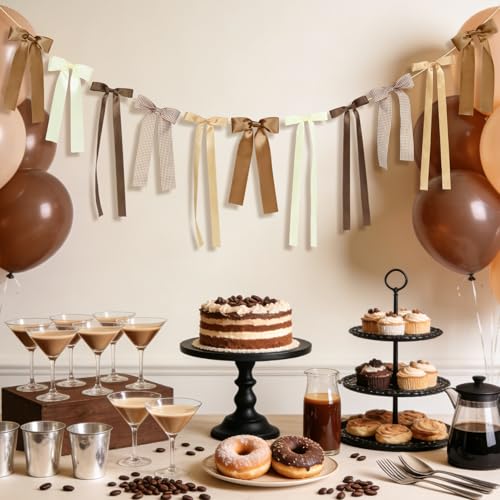 Brown Plaid Bow Garland Banner Espresso Martini Theme Bow Garland Gingham Ribbon Bows Banner Decor for Love is Brewing Bridal Shower Coffee Themed Baby Shower Birthday Party Decorations
