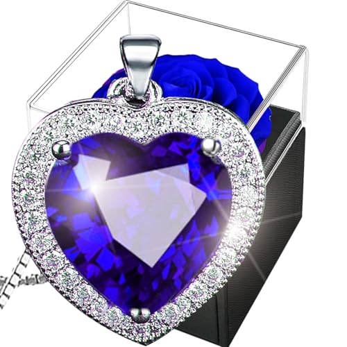 Rose Éternelle avec Saphir Collier, Conservée avec Bijoux Argent 925,Fleurs Préservées Coeur Cristal,Boîte de Roses for Saint-Valentin Noël Anniversaire Rose...