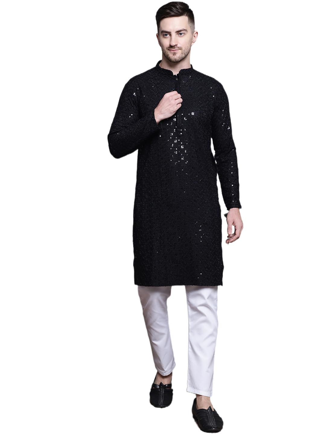 Jompers Men's Sequin Embroidered Pure Cotton Kurta With Pyjamas (Black, L)