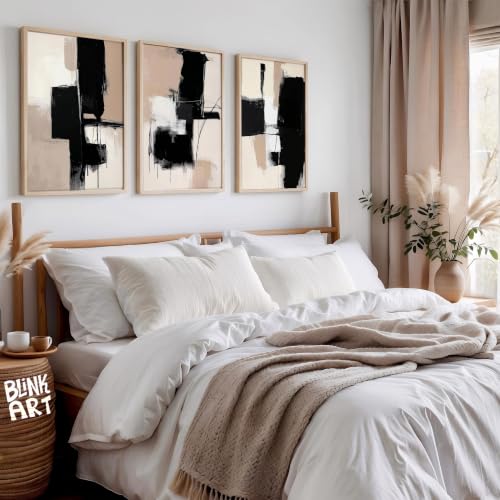 Image of BLINKART Set of 3 BLACK BEIGE BRUSHSTROKE Natural Brown Frame Painting for Wall Decoration - Modern Art Wall Decor Framed Painting for Living Room Bedroom - Framed Wall Posters /Paintings (8X12 inch)