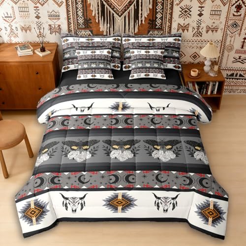 Image of Erosebridal Longhorn Cow Skull Comforter Set 7 Piece Bed in a Bag Twin | Southwestern Decor Boho Moth Bedding Sets Geometric Aztec Western Comforter and Sheet Set, Sun and Moon Bohemian Bed Sets,Grey