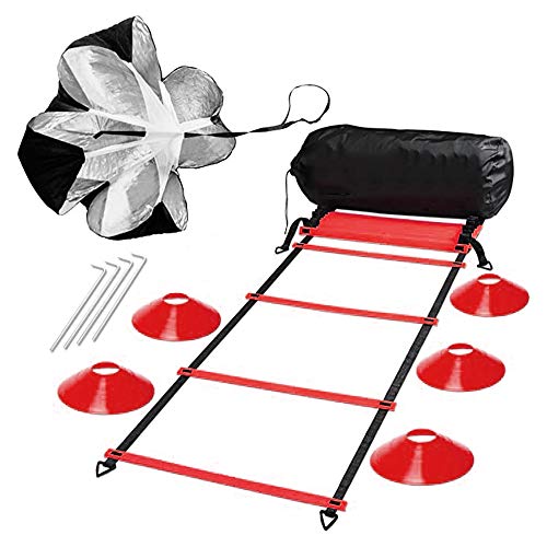H&H 20ft Speed and Agility Ladder Training Set, Include 5 Disc Cones, Resistance Parachute, 4 Steel Stakes for Outdoor Workout, Improves Coordination, Speed, Power and Strength (Red)