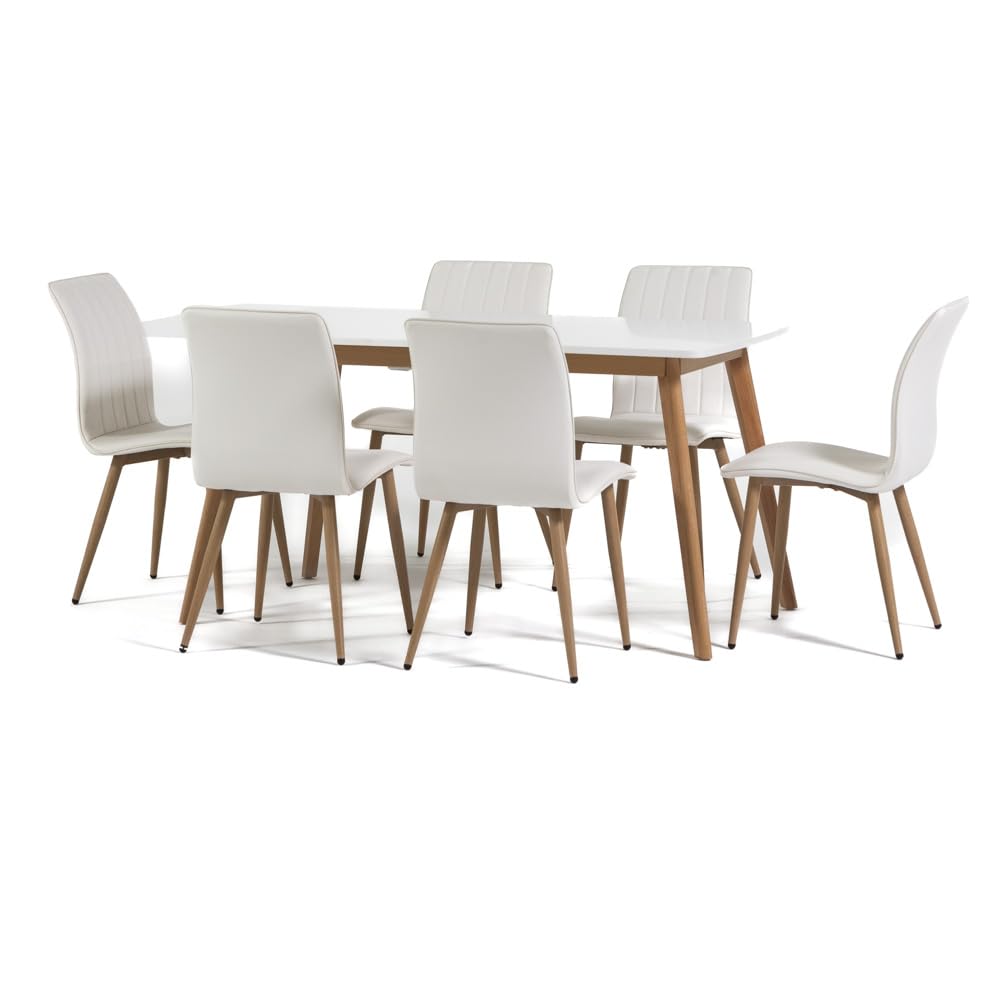 Set Tavolo da Pranzo rettangolare allungabile 140-180x80 cm con 6 Sedie imbottite bianche ecopelle, stile scandinavo con gambe effetto legno, tavolo e sedie da cucina o sala da pranzo per 6 persone