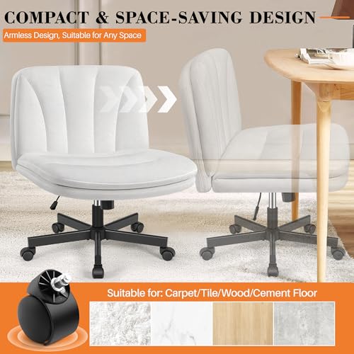 FelixKing Criss Cross Chair with Wheels, Cross Legged Office Chair, Armless Wide Vanity Desk Chair with Comfty Velvet & Back - Swivel Height Ajustable for Home Office Bedroom, Pearl White Velvet