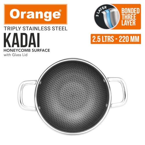 Image of Orange Triply Stainless Steel Honeycomb Non-Stick Deep Kadai /Kadhai with Glass Lid (2.5 LTR, 22cm) | Induction & Gas Stove Capatible | Metal Spatula Friendly | 2.5mm Thickness | 5Year Warranty