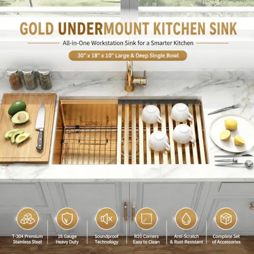 Image of Gold Undermount Kitchen Sink, 16 Gauge T-304 Stainless Steel Workstation