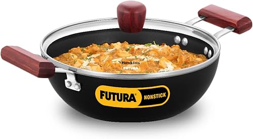 HAWKINS Futura Kadhai de 2,5 litros de profundidad, antiadherente Kadai con tapa de vidrio, Kadhai de inducción de fondo plano, sartén profunda,