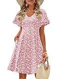 Zeagoo Womens Spring Casual Swing Sundress Swing Ruffle Short Sleeve A-Line Shift Summer Swing Floral Dresses Cotton Tunic Beach Dress 2025 Tshirt Dress with Pockets Pink