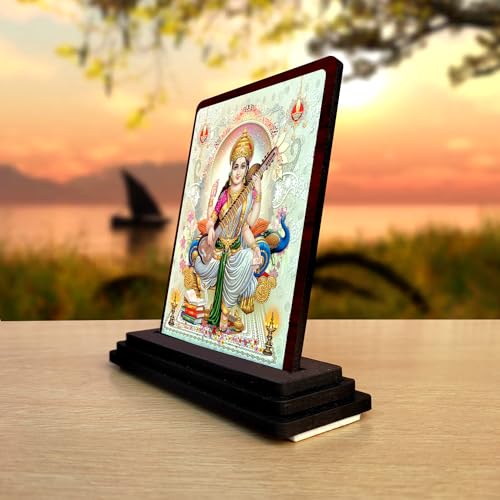 Image of Maa Saraswati Murti for Car Dashboard & Study Table - Small Decorative Saraswati Idol for Student Gifts & Office Desk - Sacred Religious Figurine for Wisdom and Learning