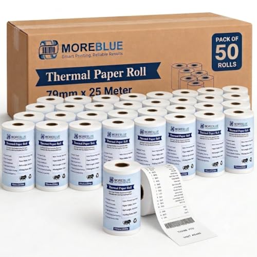 Image of MOREBLUE 3 Inch Thermal Paper Rolls (79mm x 25m, 55 GSM) | Ink-Free BPA-Free Receipt Paper for POS Machine, Billing Machine & Thermal Printers Pack 50