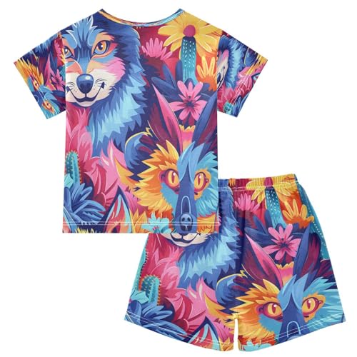senya Short Sleeve Pajamas Sets Summer Cotton Sleepwear Wolfs Face Bright Colors2