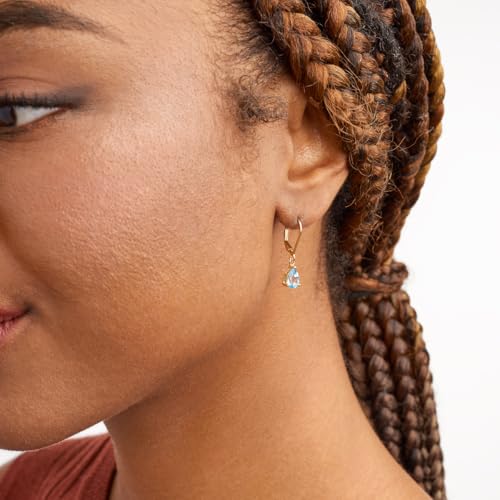 MORGAN & PAIGE .925 Sterling Silver 18K Gold Plated Swiss Blue Topaz Pear Cut 7x5mm Leverback Earrings for Women - Dainty Birthstone 1" Dangle Earrings Jewelry, Gemstone Birthday Gifts for Her2