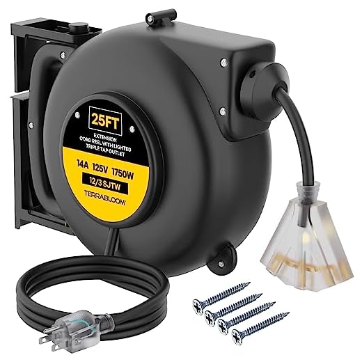 TerraBloom Retractable Extension Cord Reel with Light Indicator - 12/3 Cord Reel 25 FT - Triple Outlet Electric Cord Reel - Wall Mounted Retractable Power Cord Reel - UL Listed 14 Amp 125V 1750W
