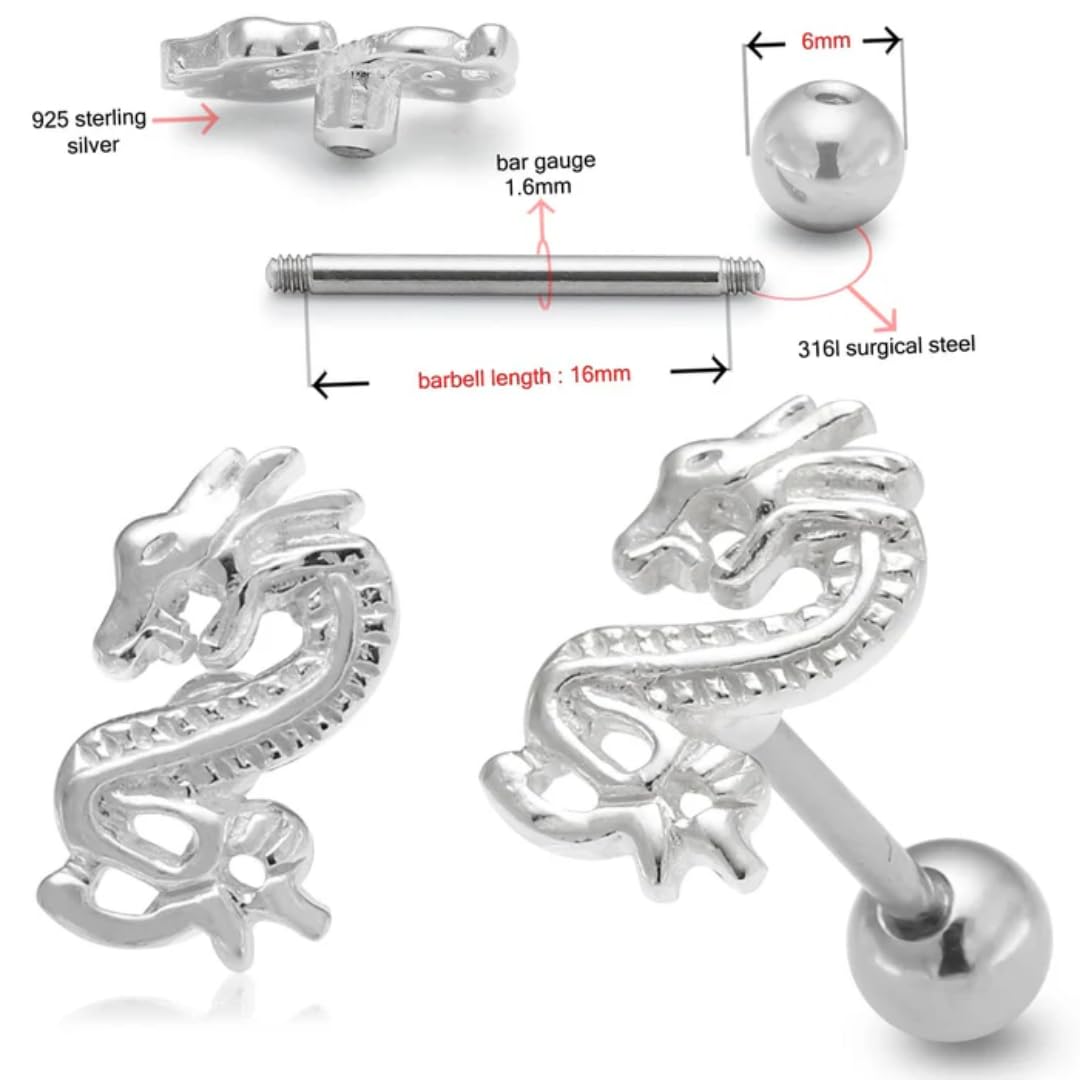 Zungenring aus 925er-Sterlingsilber mit Drachen-Motiv, kantiger Gothic-Stil, hypoallergener Zungenpiercing-Schmuck im Drachen-Stil, mutiger alternativer Körperschmuck für Damen und Herren