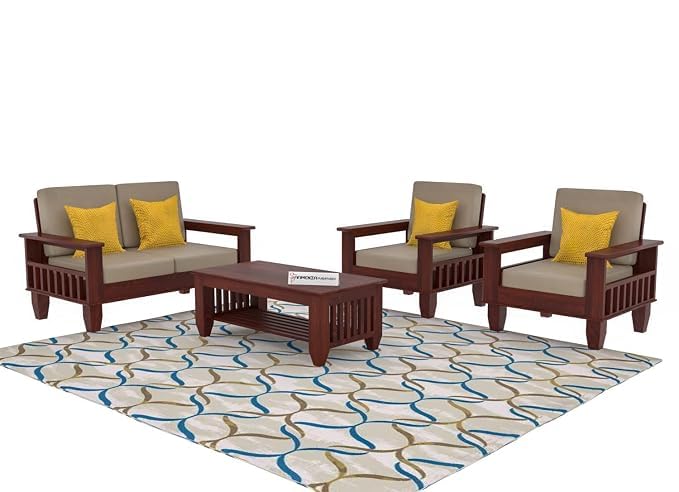 Image of Sheesham Wooden 4 Seater Sofa for Living Room | Rosewood 4 Seater Cushion Sofa with Side Newspaper Holder for Home & Office | Solid Wood Sofa Set for Lounge (Mahogany,2+1+1 Seater)