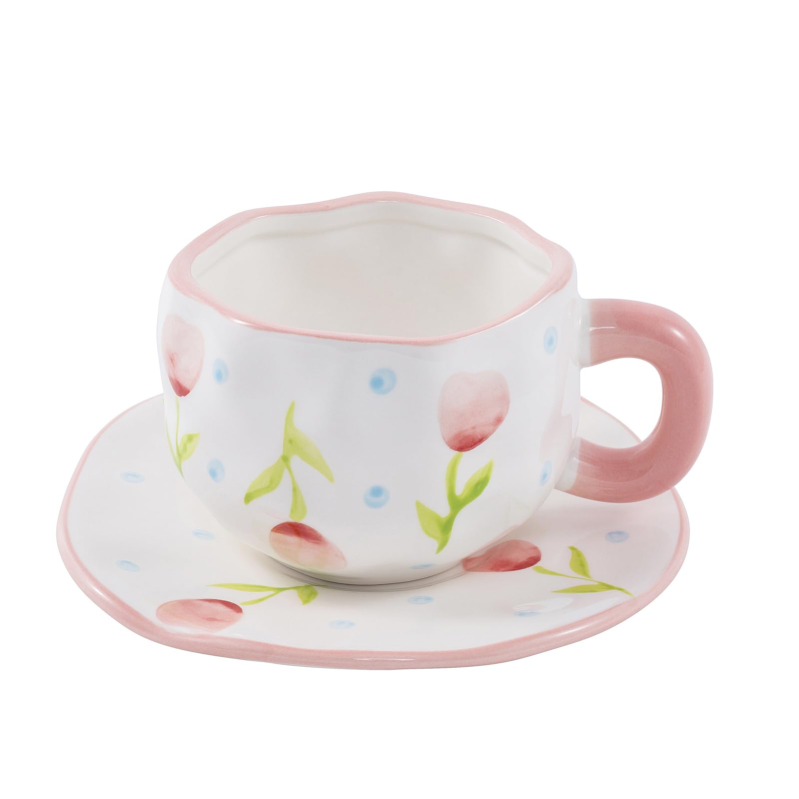 Yebaohond 320ml Ceramic Coffee Cups and Saucer Sets, Irregular Tea Cups, Floral and Pastoral Style (Pink Flower Blue Dot)