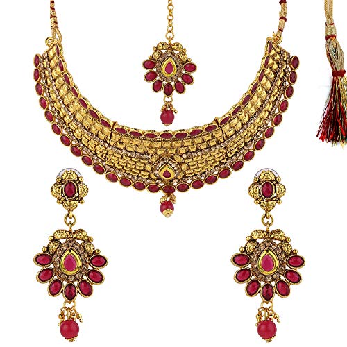 Efulgenz Indian Bollywood Traditional 14 K Gold Plated Kundan Pearl Wedding Choker Necklace Earrings Maangtikka Jewelry Set