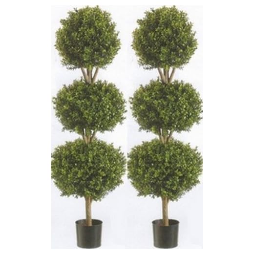 Two 56 Inch Artificial Boxwood Triple Ball Trees Potted