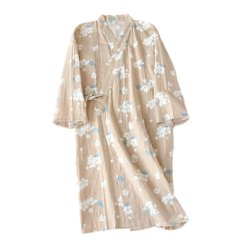 Bobo&Hanhan Pajamas, Double Gauze, Bathrobe, 100% Cotton, Printed, Women's, Men's, Yukata, After Bathing, Gentle Touch, Cotton Material, Unisex, Room Wear, Hotel, Loungewear Free size beige flowers