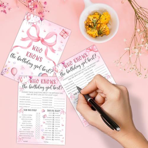Image of Who Knows The Birthday Girl Best 5x7 inches, Pink Party Game Card Set, Pink Bow Theme Girls Sleepover Party Supplies, Girls Birthday Night Game Ideas, 20 Pieces