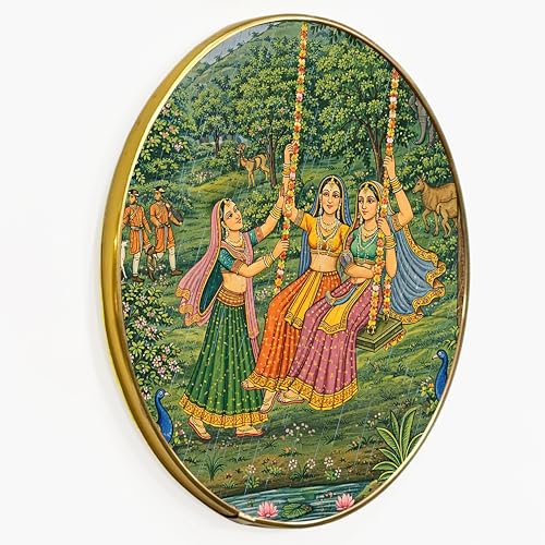 Image of Traditional Indian Village Madhubani Round Framed Wall Art Painting For Living Room | Rajasthani Folk Cultural Pichwai Wall Art Painting With Frame for Home, Bedroom & Office, 16 Inch