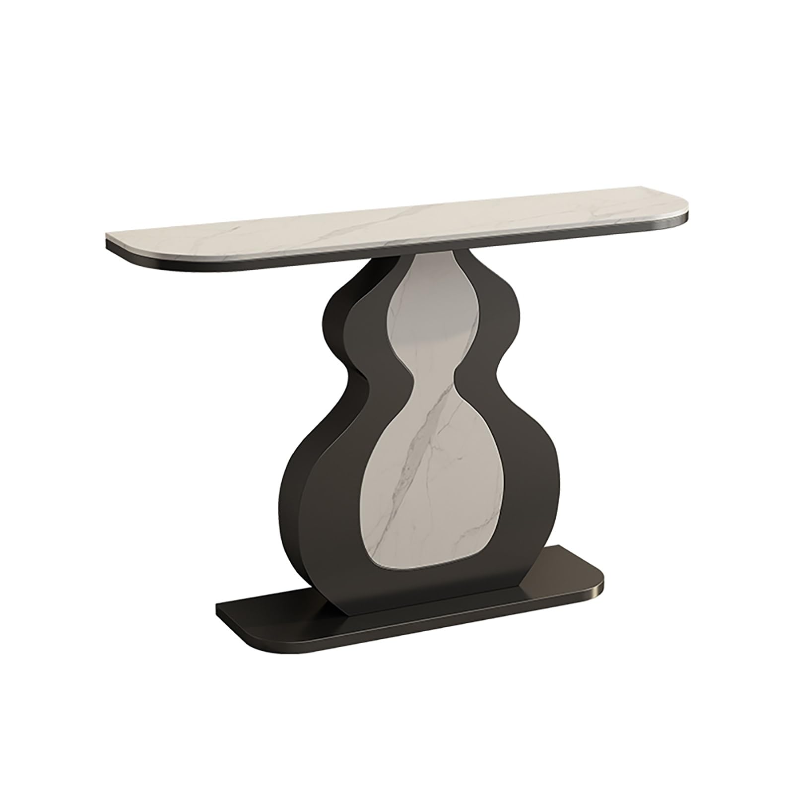 Mesa de sofá estrecha y larga con tapa de mármol y patas de metal negro para salón