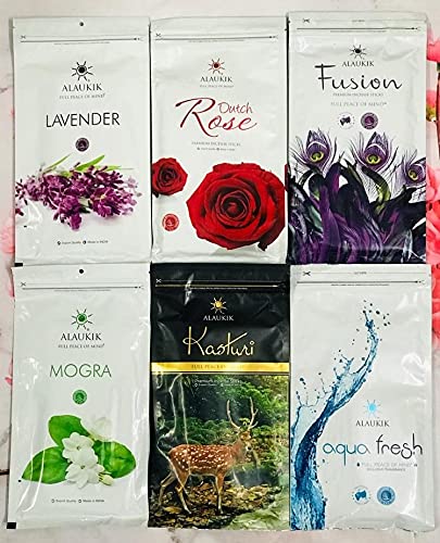 Alaukik Premium Incense Sticks for Pooja Combo Pack of 6 - Lavender, Dutch Rose, Fusion, Mogra, Kasturi, Aqua Fresh (Zipper Pouch Pack)