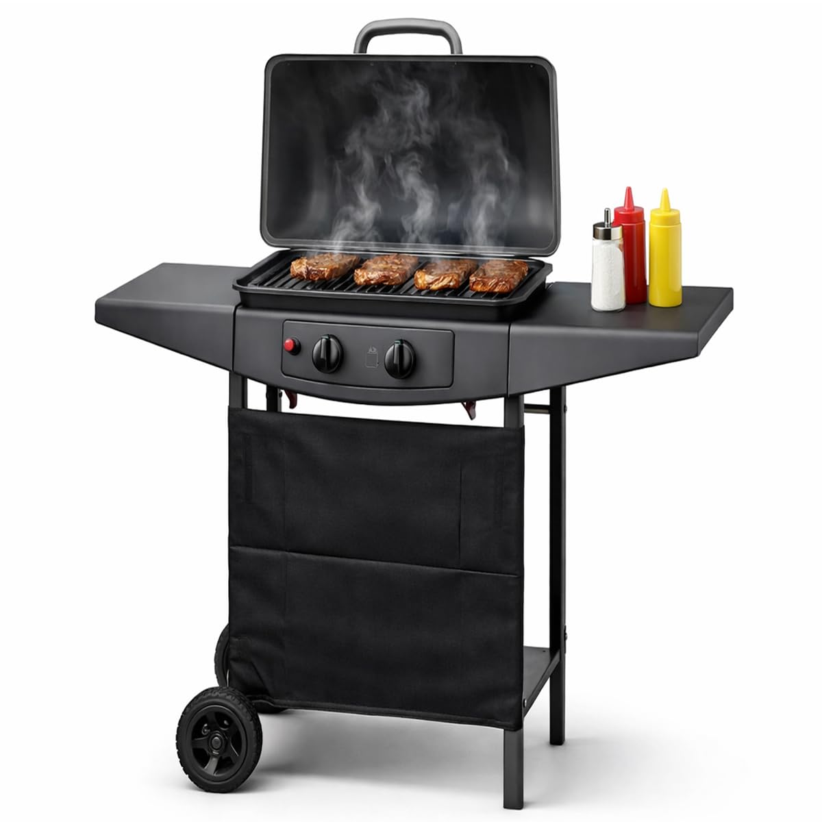 BAKAJI Barbecue a Gas 2 Fuochi Bruciatori Griglia BBQ Doppio Bruciatore con 2 Ripiani Laterali e Ruote, Grill per Esterno ideale per Giardino Terrazzo Balcone, Dimensioni 98 x 44 x 100 cm