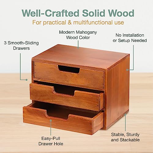 Triple Drawer Desktop Storage Organizer in Modern Wood Design (9.8”x6.9”x 7.5”) 3-Drawer Stackable Drawer Unit - Vanity Accessories Organizer (1-Pack)