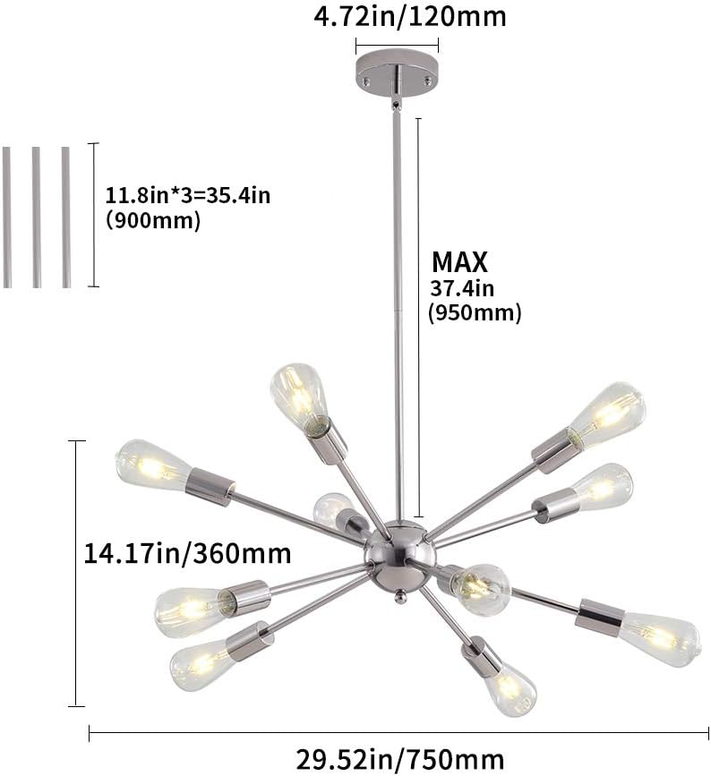 Top Rated 10 Lights Modern Pendant Lighting Sputnik Chandelier Brushed Nickel Mid Century Ceiling Light Fixture for Dining Room Living Room Bedromm Foyer