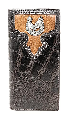 Western Men's Cow Fur Genuine Leather Crocodile Bifold Wallet in Multi Emblem (Coffee Rooster)