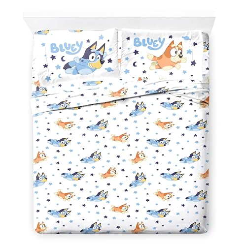 Image of Jay Franco Bluey & Bingo Queen Comforter Set - 7 Piece Bedding Includes Sheet Set & Pillow Covers - Super Clouds & Stars Cozy Bedding