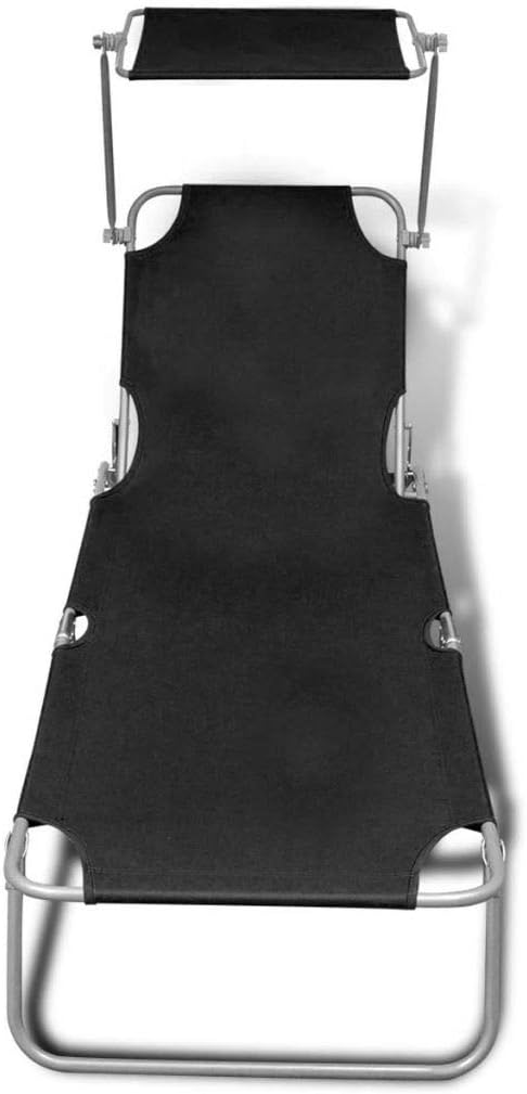 Folding Sun Lounger with Canopy Steel and Fabric Black Adjustable Outside Patio Sunlounger.Outdoor Garden Lounge Chair
