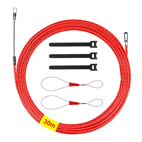 Einziehspirale Kabel 30m Ø 4,5mm, Einziehhilfen Kabelverlegung Einziehdraht mit Führungsfeder, Polyester Einziehdraht Einziehspirale Kabel, Kabeleinziehhilfe Fischband Drahtzieher Cover