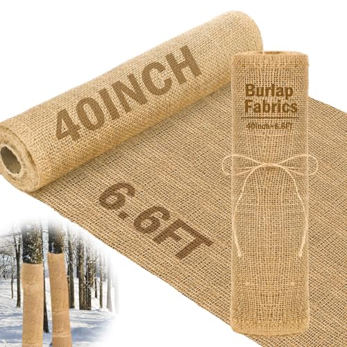 Buryeah 40 Inch x 6.6 ft Burlap Fabrics Roll Natural Burlap Tree Wrap Winter Garden Frost Plant Protection Blankets Cloth Weed Barrier Fabric Jute for Outdoor Home Trees Shrubs Craft Party Decor