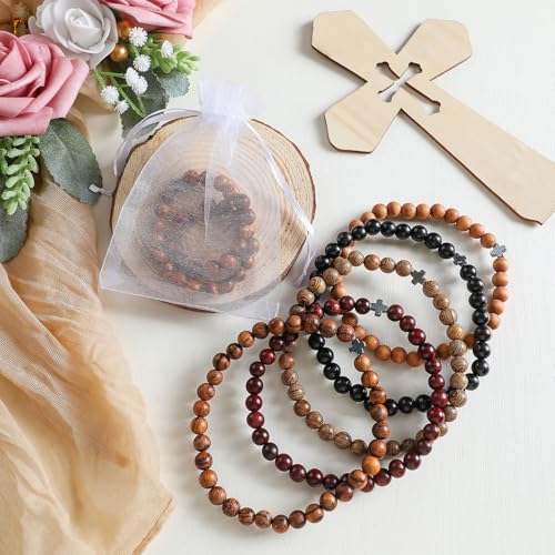 10 Sets Orthodox Prayer Beads Adjustable Christian Bracelet with Organza Bag Orthodox Prayer Rope Cross Beads Bracelet for Women Men Wooden Healing Lava Rock Stretch Jewelry for Religious Gift3