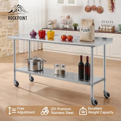 Image of ROCKPOINT All Stainless Steel Prep Table with Caster & Backsplash 24x72 Inch,Commercial Heavy Duty Workbench with Stainless Legs & Adjustable Undershelf,890 lb Capacity for Outdoor Kitchens with Wheel