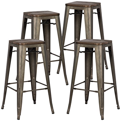 Poly and Bark Trattoria Bar Stool with Elm Wood Seat in Bronze (Set of 4)