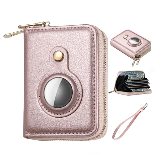 Bingcok AirTag Wallet for Women, Minimalist PU Leathter Wallet, RFID Blocking Small Cash Credit Card Holder Organizer Wallet with Airtag Holder and hand strap, Slim Wallet Women. (1-Rose Gold)