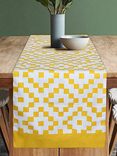 Image of Dekor World Fun with Checks Printed Yellow Table Runner (33x180cm) (Pack of 1)-6 Seater Dinning & Center Table