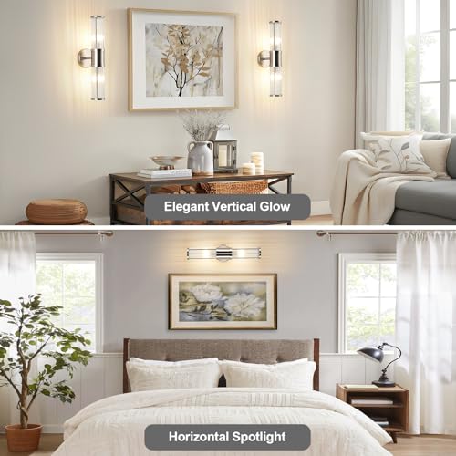 Image of Dual Sconce Vanity Set of 2, Brushed Nickel Wall Light with Clear Glass Rods Shape, Industrial Vanity Lighting for Bathroom Mirror and Modern Bedroom