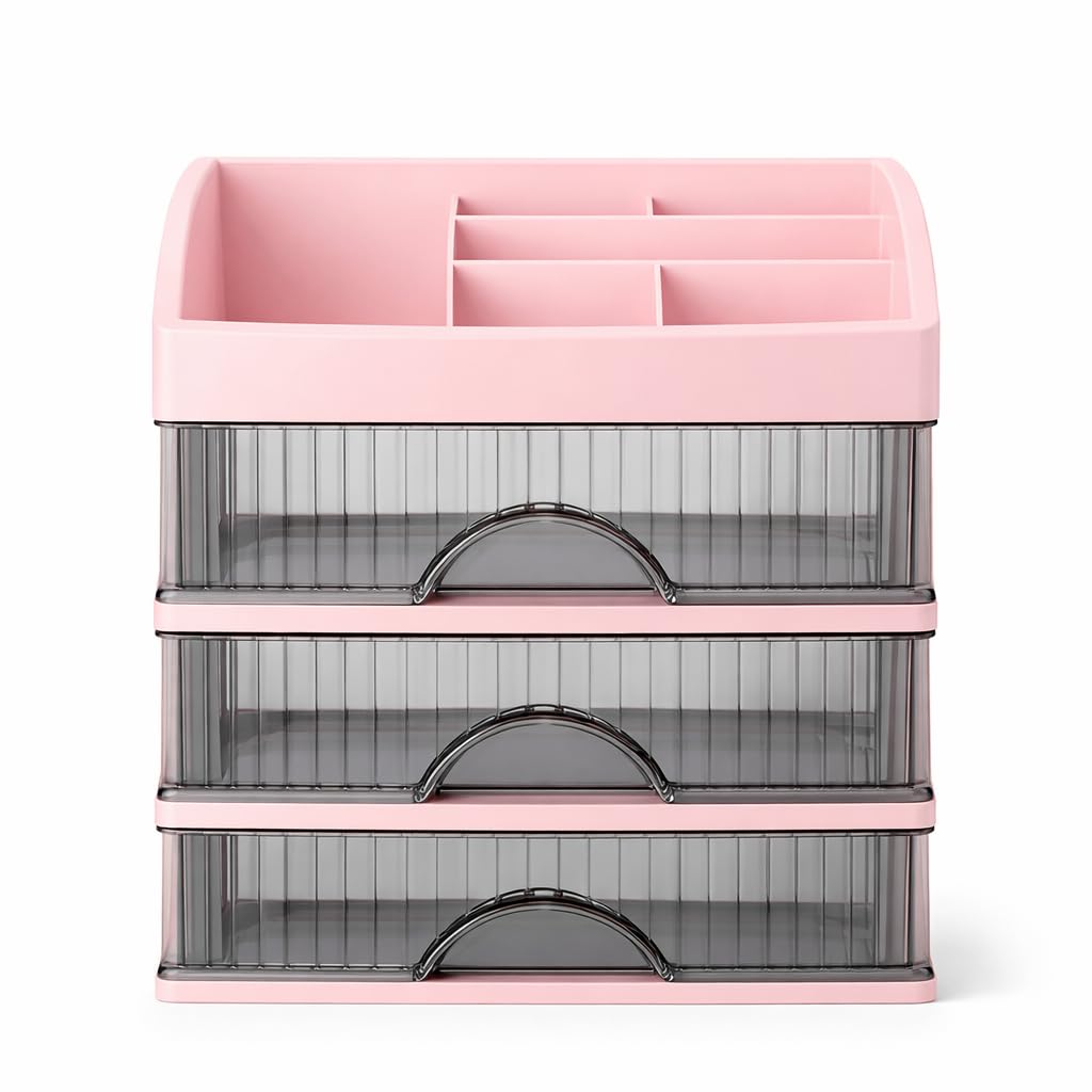HoopVool® Countertop Organizer with Drawers Plastic Storage for Makeup Brush,Hair Accessories,Jewelry,Skincare Vanity Display, Skin Care Products, Office Desk Organizer (Pink, Layer-3)