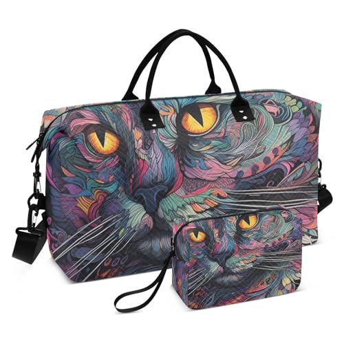 Large Travel Duffel Bag, Colorful Cat Cool Sports Tote Gym Bag, Shoulder Weekender Overnight Bag for Women Men, Carry On Luggage with Toiletry Bags