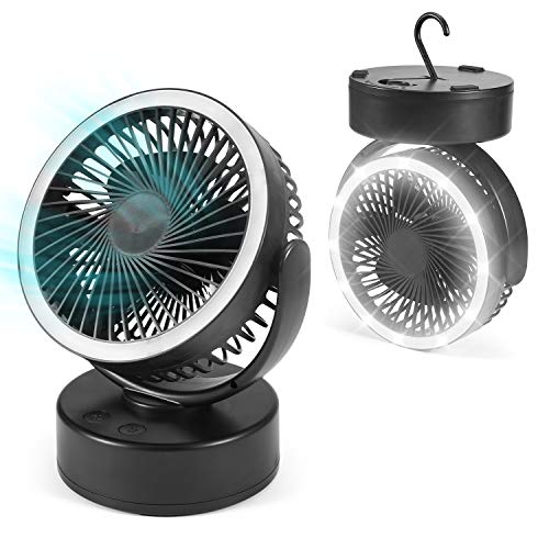 Camping Ventilator LED Mini Tischventilator mit 360° Drehbare 3 Geschwindigkeitseinstellungen 2 Helligkeitseinstellungen Ventilator mit