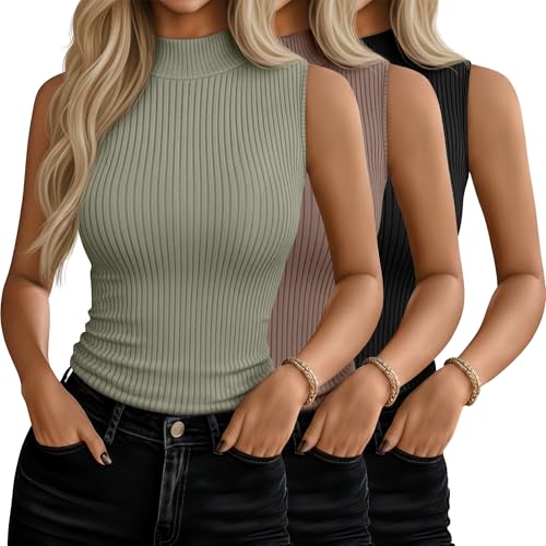 Xaatren 3 Pack Womens Sleeveless Mock Turtlenecks Shirts Ribbed Stretch Slim Fitted Tank Top Basic Lightweight Bustier Tee(Black Mint Green Brown Small)