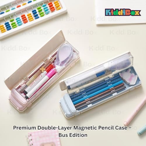 Image of KiddiBox Magnetic Pencil Box, Bus Themed Luxury Pencil Case for Kids - Stationary Organizer Pencil Box for Girls, Boys, Pencil Box for Boy & Girl, Magnetic, Return Gift for Kid Pink (Pack of 1)