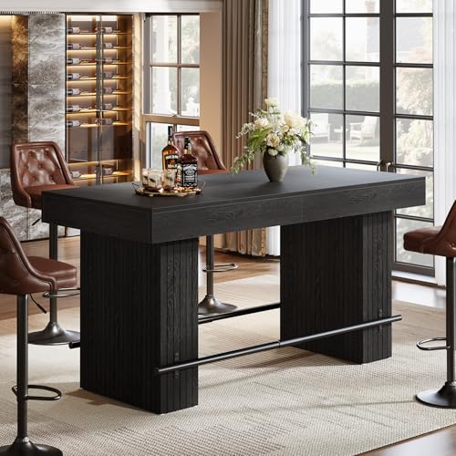 Image of Tribesigns 62.2 Inch Bar Table, Industrial Counter Height Pub Dining Table, Rectangular Home Bar Units with Metal Footrest for Home Kitchen, Dining Room, Bistro, Black