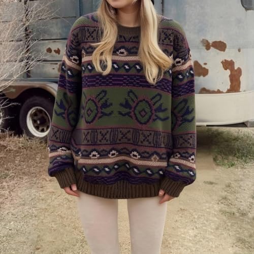 Image of Women Vintage Striped Pullover Sweater Y2k Long Sleeve Crew Neck Loose Knit Sweaters Fall Winter Knitwear