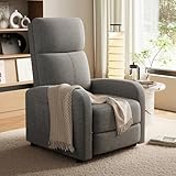 Manual Push-Back Recliner Chair, Modern Linen Fabric Living Room Furniture, High Back Single Sofa Seat with Thick Padding & Side Pocket, Home Theater TV Reading Chair (Grey)
